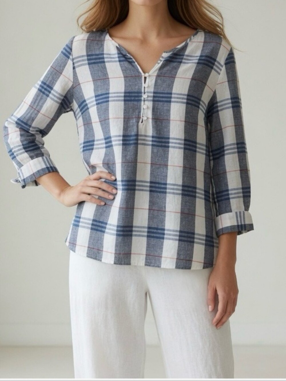 Liz Claiborne Blue and White Plaid Shirt with Red Accent
